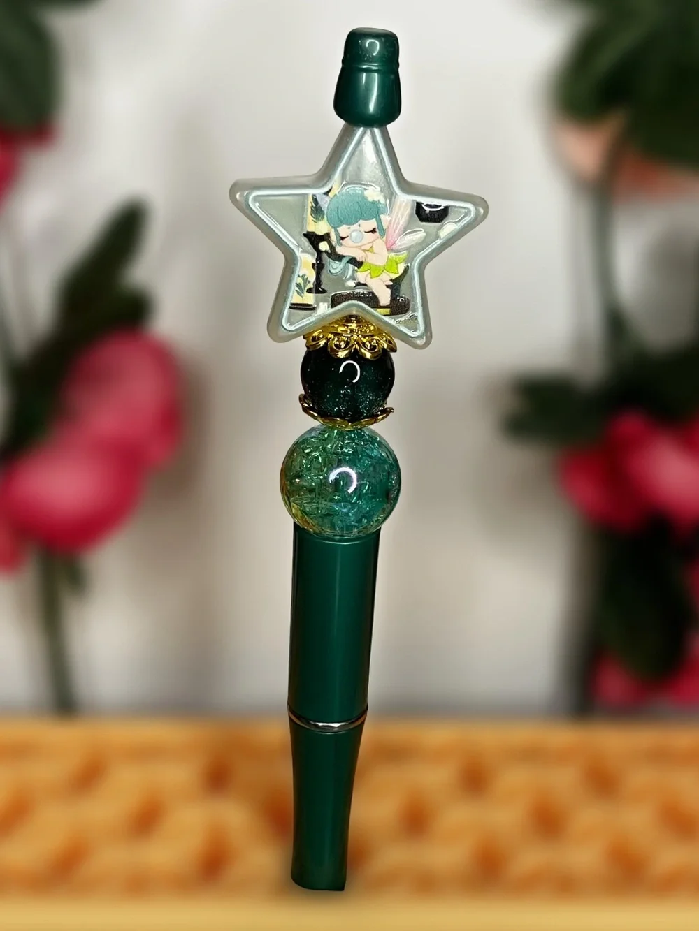 Bubble Fairy Star Handmade Green Beaded Pen